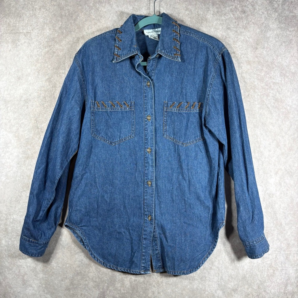 Vintage Casual Corner Shirt Womens Size P Blue Denim Jean‎ Button Up Long Sleeve